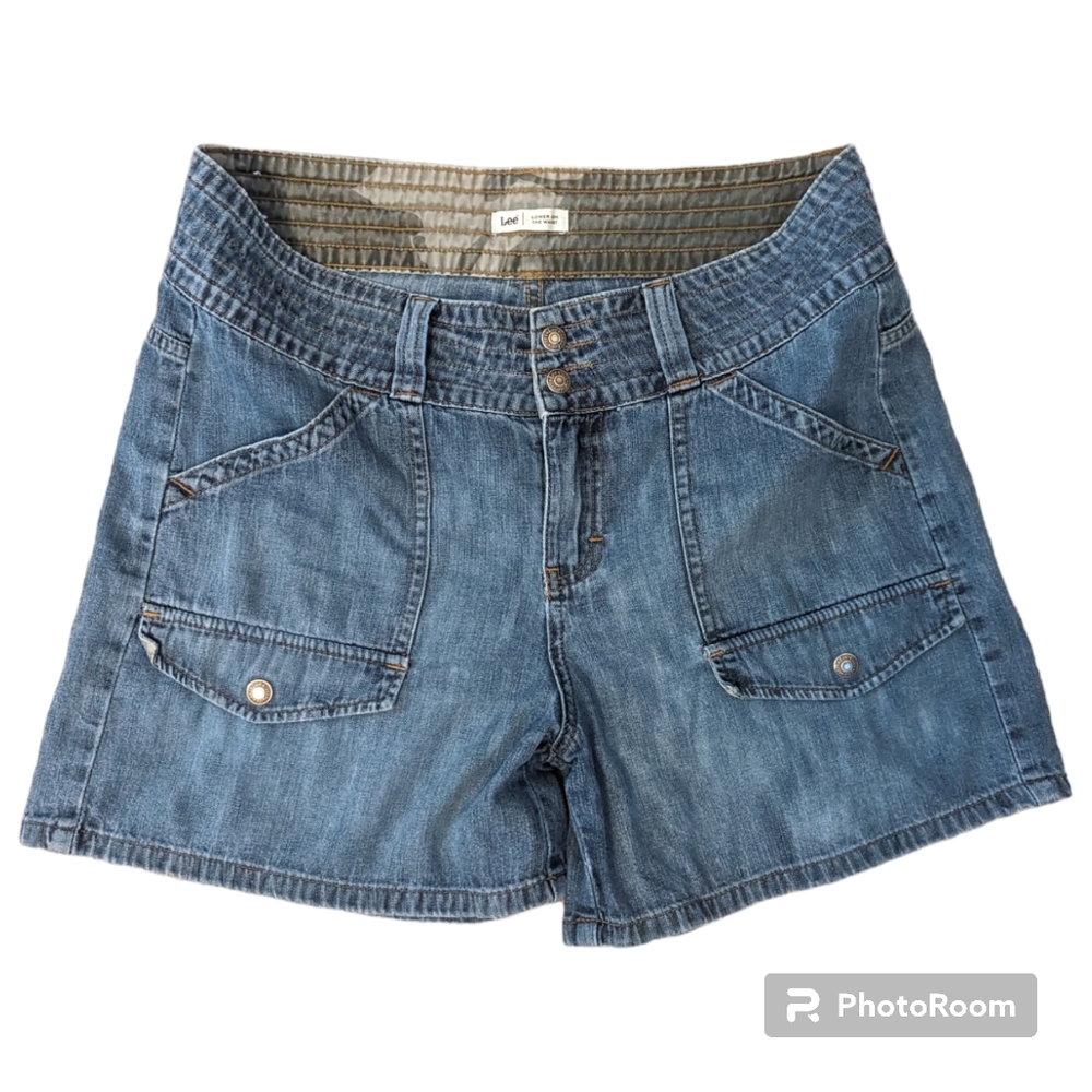 Vintage Lee Lower On The Waist Cargo Blue Denim Jean Shorts Womens 14